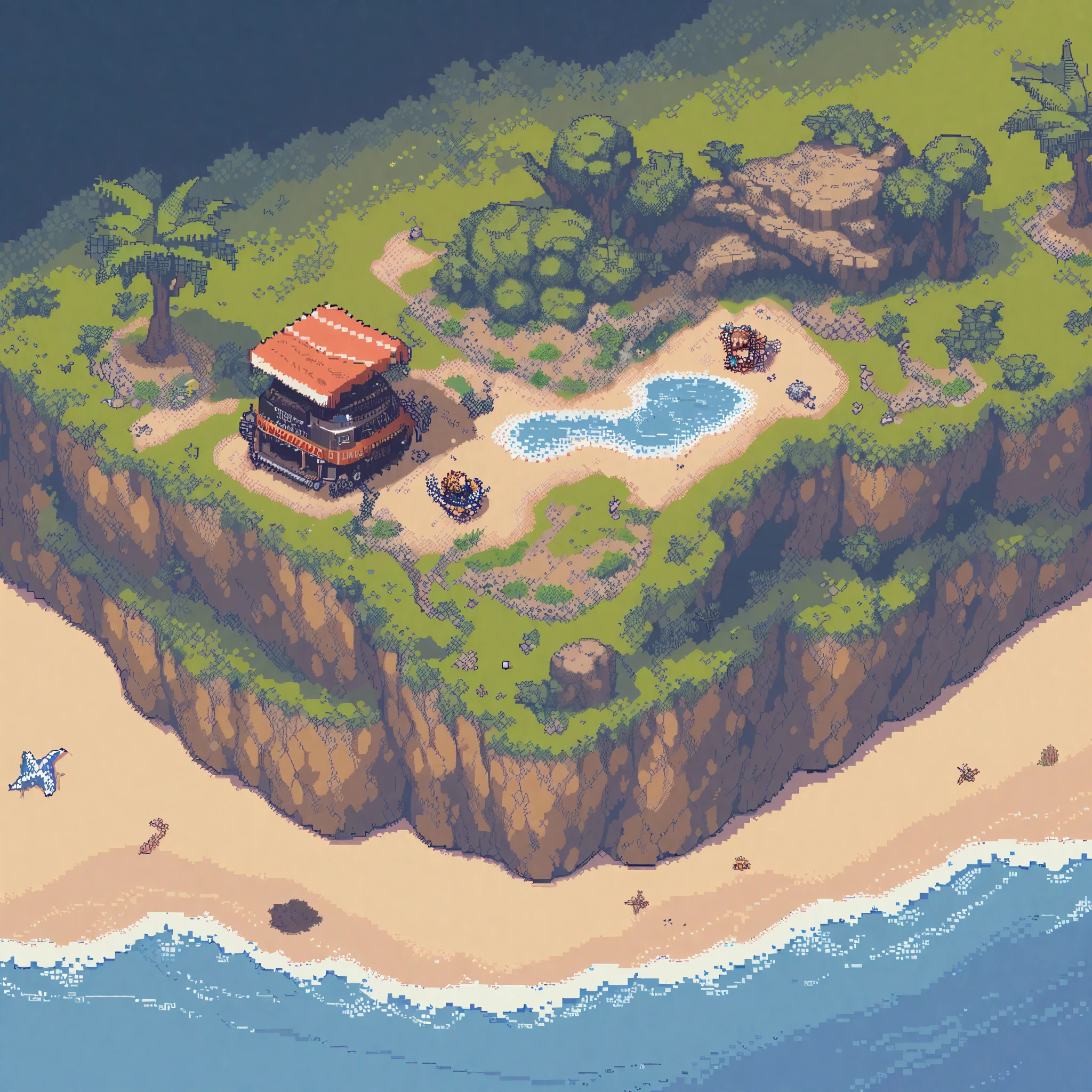 (masterpiece, best quality:1.2), Pixel Art,Land Space，beach