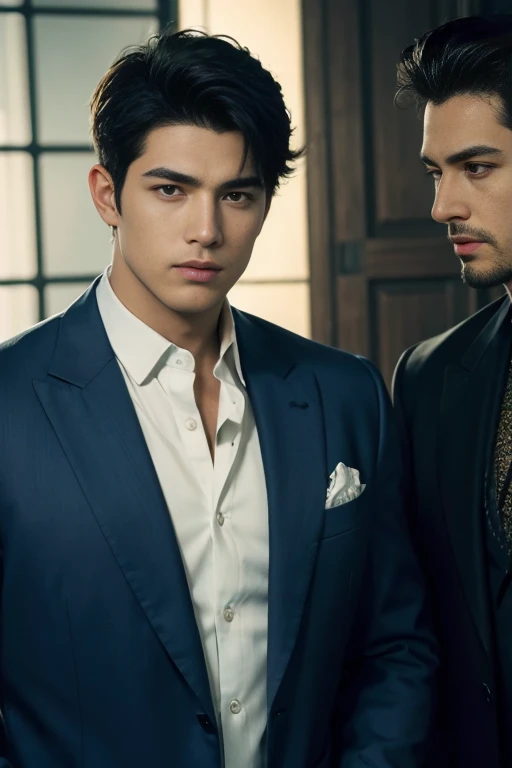 ((masterpiece)),((best quality)),8K,high detail,Very detailed, Very manly,3 men, like,fashion pose, Realistic skin texture, Light,
Royal blue style couple