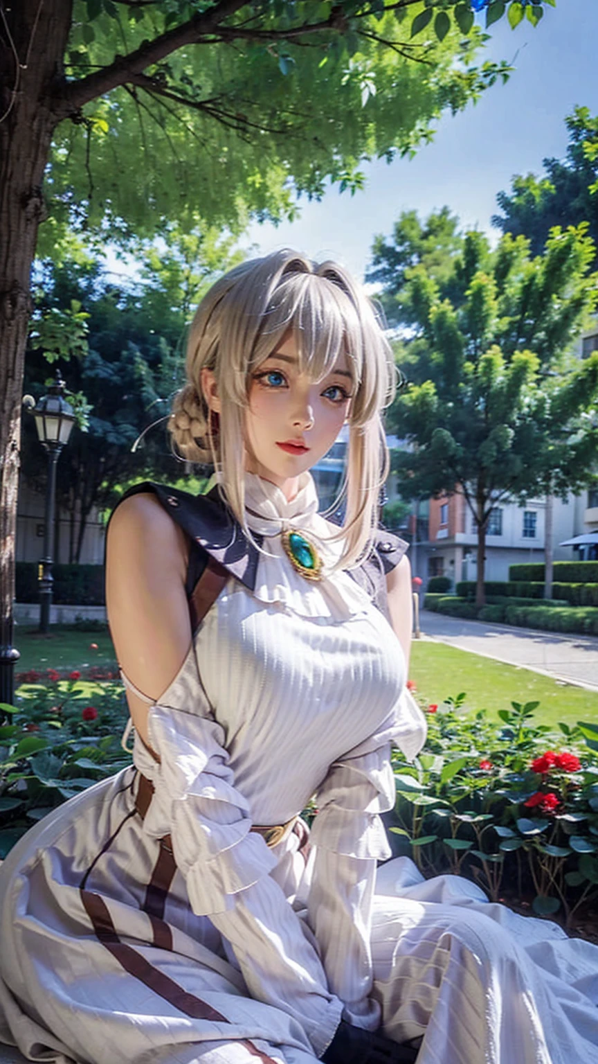 ((best quality)), ((masterpiece)), (detailed), perfect face, pretty face, beautiful female, beautiful body, e cup breast, perfect body, head accessories, sleeveless sweater, blue eyes, violet_evergarden, at the park