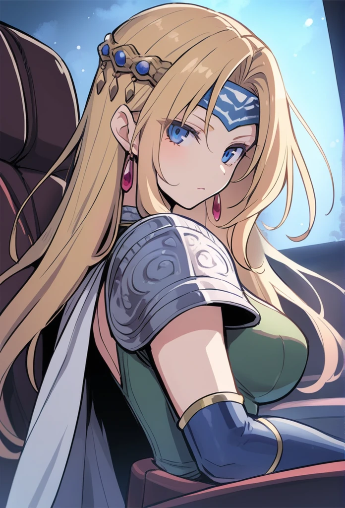 1girl, celes chere, final fantasy vi,solo,blonde hair, blue eyes, green leotard, headband, shoulder armor, large breasts, pauldrons, circlet, bridal gauntlets, belt, white cape, vambraces,bracer, shoulder pads, very long hair, bangs,
dutch angle, portrait, looking back, badmood, movie theatre, closed mouth,
masterpiece, best quality,