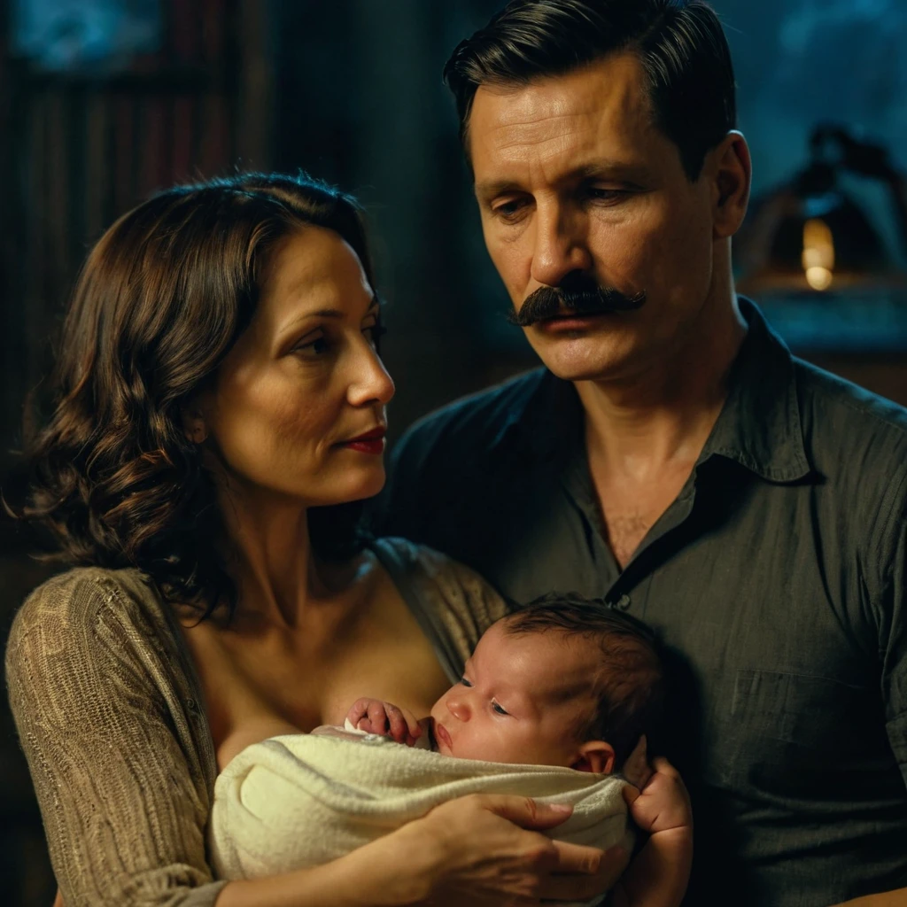 The man in his 45s with black very short hair and smooth face with moustache. The woman in her 45s with brown wavy long hair. The woman is breastfeeding her  boy. The man is watching them. Night. Dim and dark environment. UHD. HDR. Cinematic.