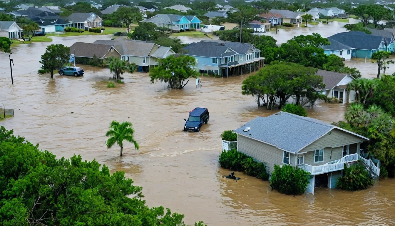 whoa, a close-up image depicts a severe flooding scenario. A tropical storm caused the sea to invade the Texas coast, Surfside Beach. A large stretch of street in is submerged in water, with several houses floating or partially submerged. The weather seems inclement, likely with heavy rain or storm conditions contributing to flooding. The situation is terrible, likely to cause significant disruption and danger to individuals in the area. Emergency services would be needed to deal with such a catastrophic event.