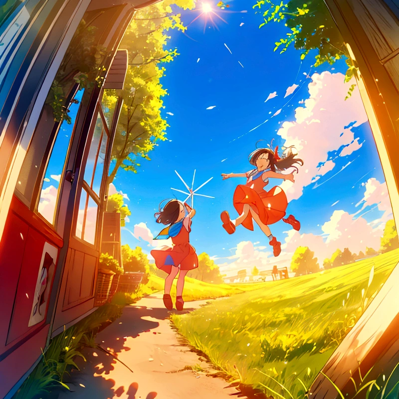 In a bright and cheerful field, two children played joyfully, holding colorful paper windmills. The wind gently spun the windmills as they ran through the tall grass, their laughter echoing in the air. The scene was filled with the essence of childhood innocence, with sunlight casting a warm glow over the idyllic landscape, capturing the pure delight and carefree spirit of their playful adventure.