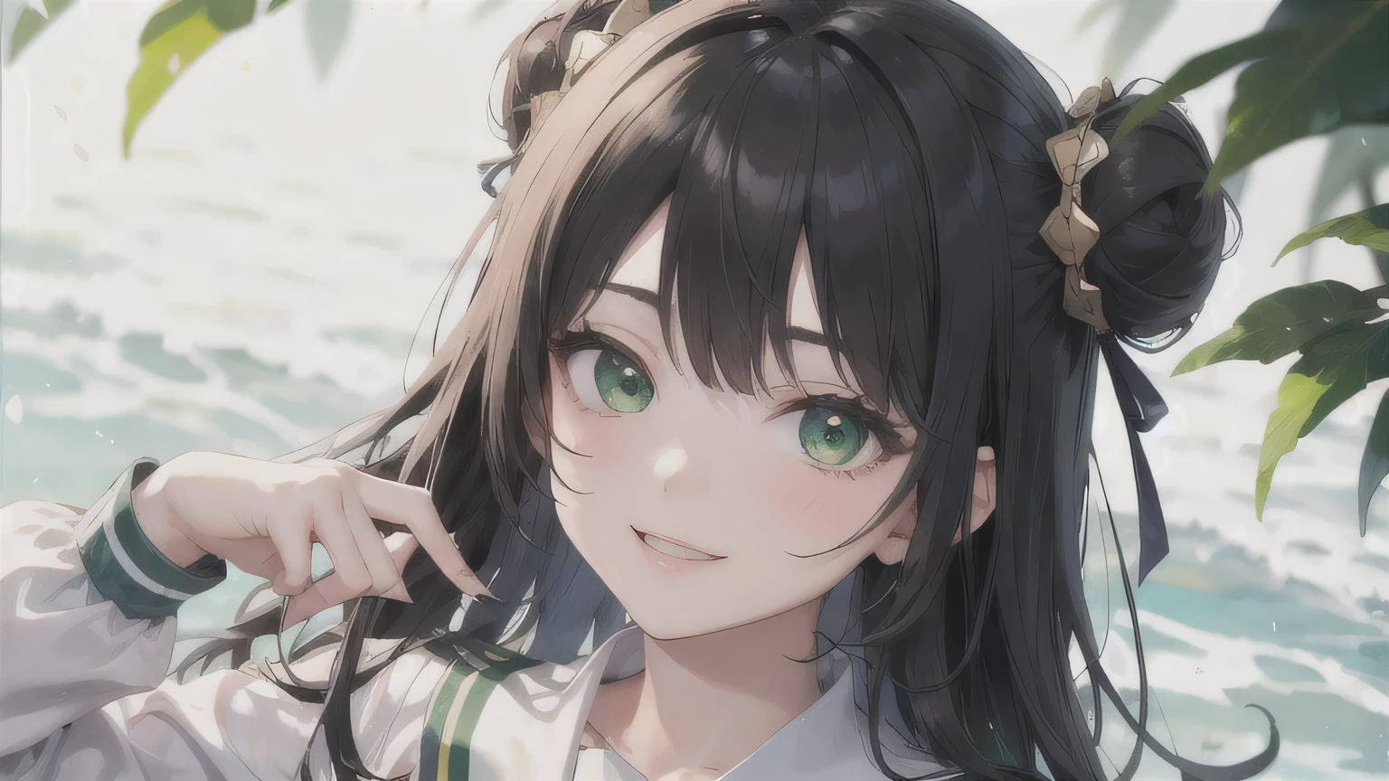 Black Hair、Bun Hair、Semi-long hair、One Girl,20-year-old,Beautiful Face,Upper Body、Sharp focus,White and green sailor suit、Cute Smile、Green Eyes
