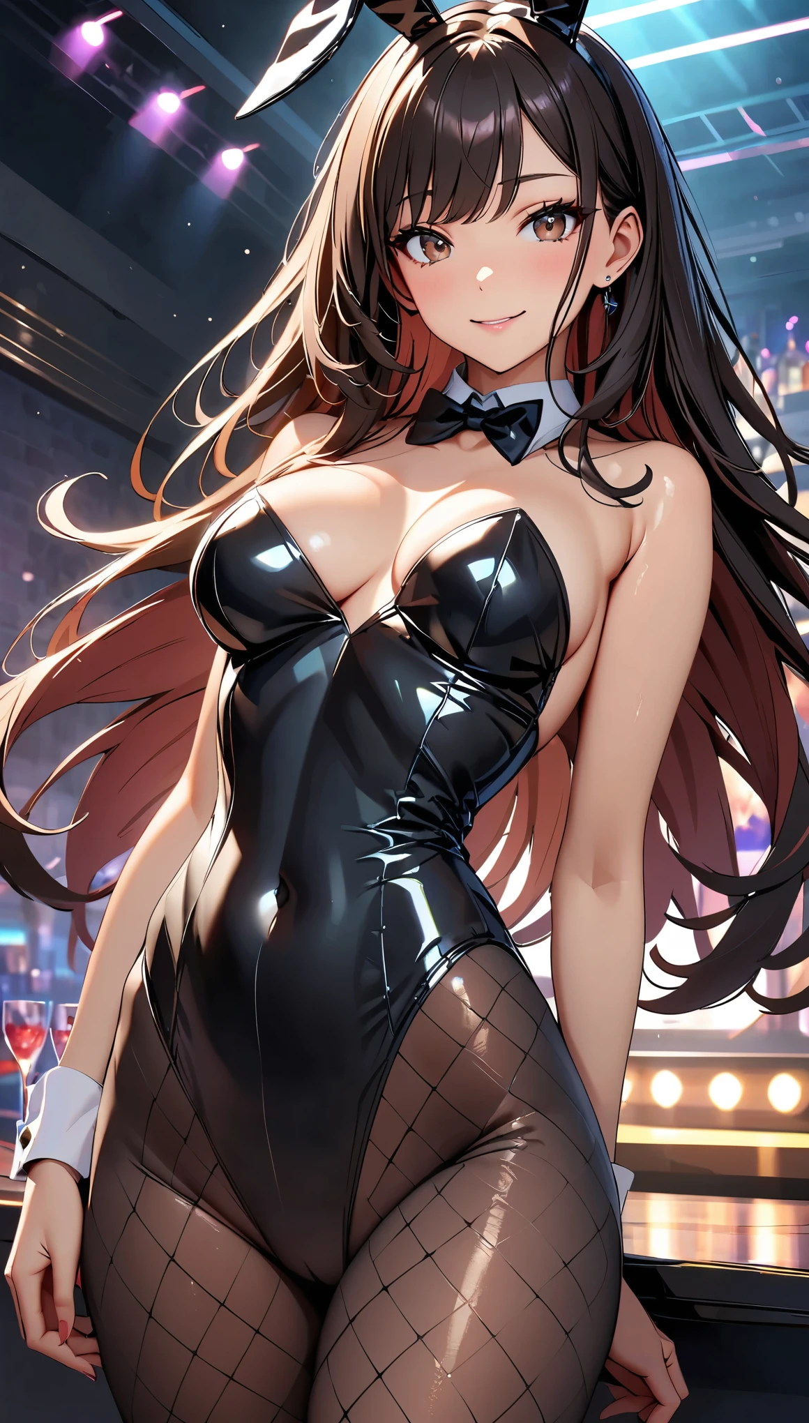 (Highest quality:1.2, High detail, masterpiece:1.2, Best aesthetics), (1 Girl), Cowboy Shot, ((Playboy Bunny, Fishnet tights:1.2, Bunny ears, ハイレグ leotard, 黒leotard:1.1, leotard)), (Black Hair, Long Hair, Asymmetrical bangs, Dark brown eyes), Beautiful detailed eyes, Beautiful detailed lips, Highly detailed face, Detailed Fashion, elegant, luxury, High quality fabric, Shine, Shine, smile, Random Pause, Dutch Angle, bar, Nightclub, night, Dramatic lighting, Cinematic, Bright colors, Intricate details, Chiaroscuro lighting.