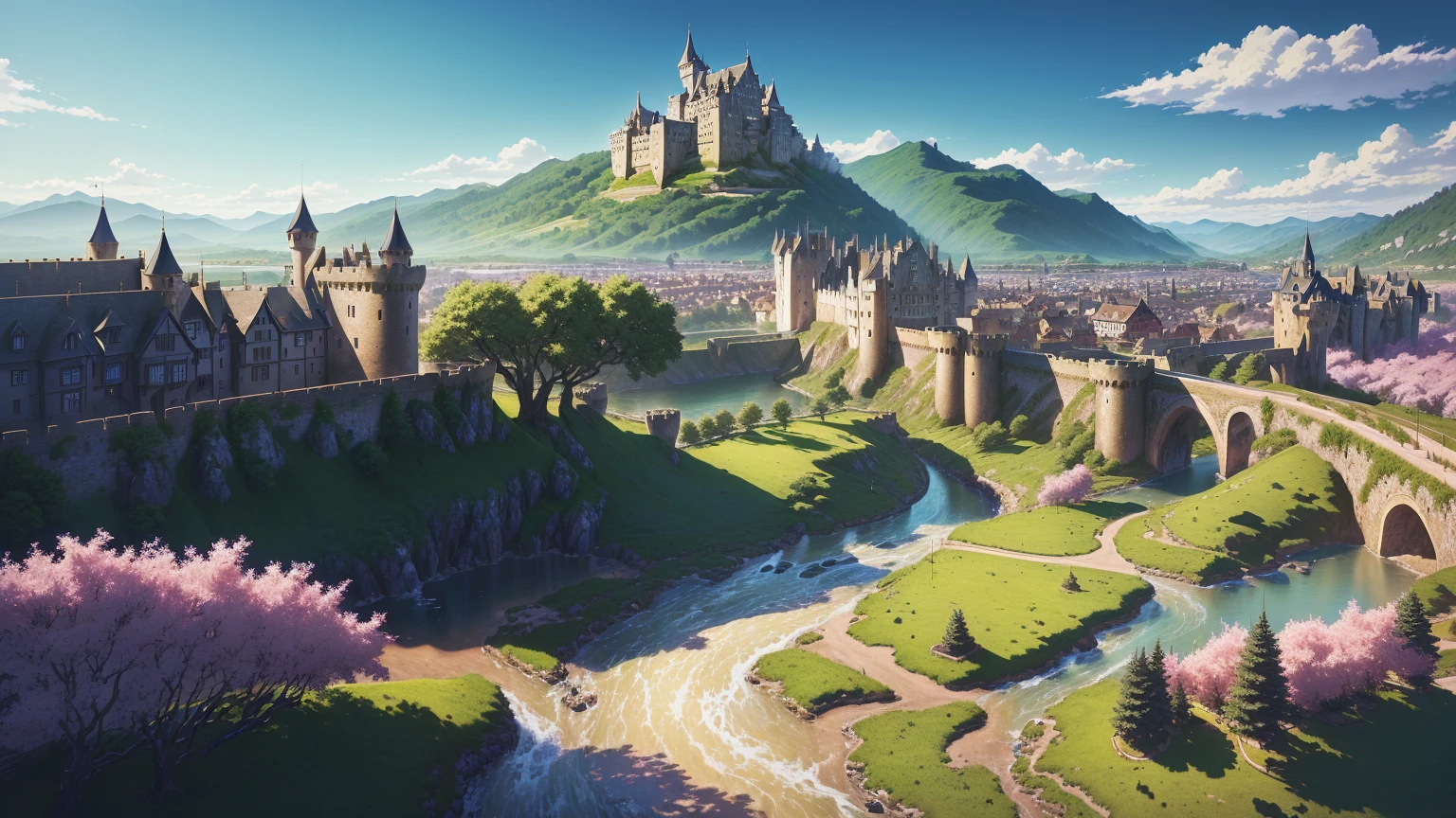 anime landscape of a castle on a hill with a river, High quality 8K detailed art, anime countryside landscape, medieval fantasy city, Highly detailed 4k digital art, Rosa Tran. scenic background, Detailed 4K digital art, detailed landscape, fantasy town setting, a bustling magical town, beautiful animated landscape