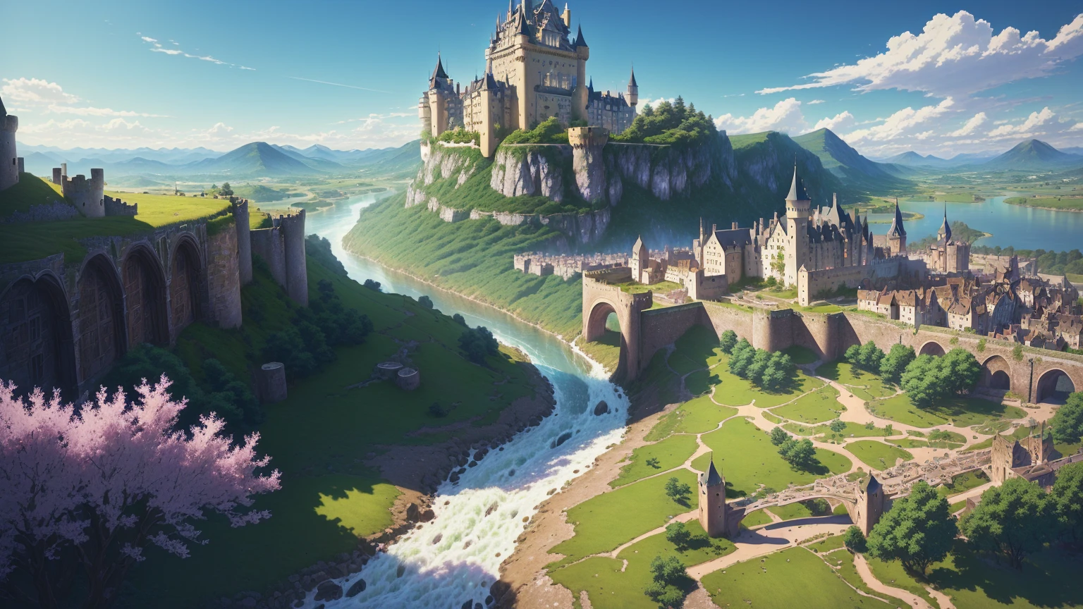 anime landscape of a castle on a hill with a river, High quality 8K detailed art, anime countryside landscape, medieval fantasy city, Highly detailed 4k digital art, Rosa Tran. scenic background, Detailed 4K digital art, detailed landscape, fantasy town setting, a bustling magical town, beautiful animated landscape