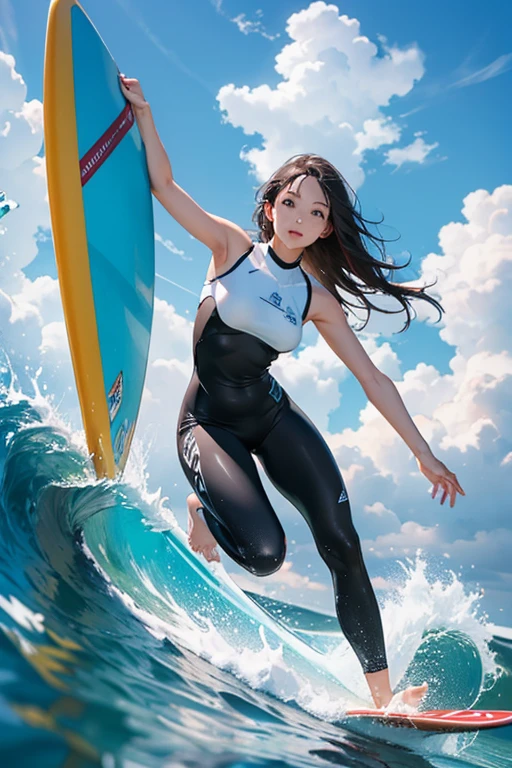 a little lovely ??? girl，side ponytails，Sea surfing，Surrounded by waves，