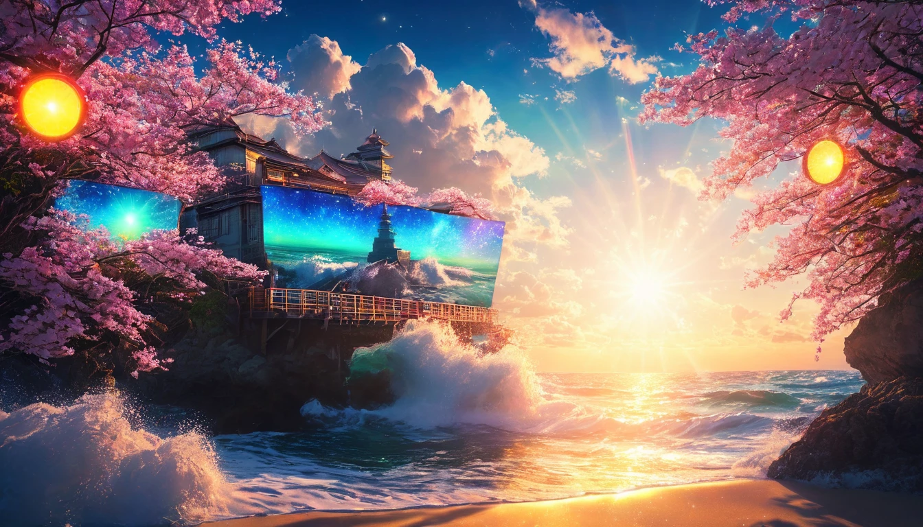 Studio、Portrait Photography、{{masterpiece}}, Highest quality, Highly detailed Unity 8k wallpaper, Cinema Lighting, Lens flare, Beautifully detailed room, Suite room with ocean view, colorful light, particle, Heterochromia iridis, (colorful:1.5),