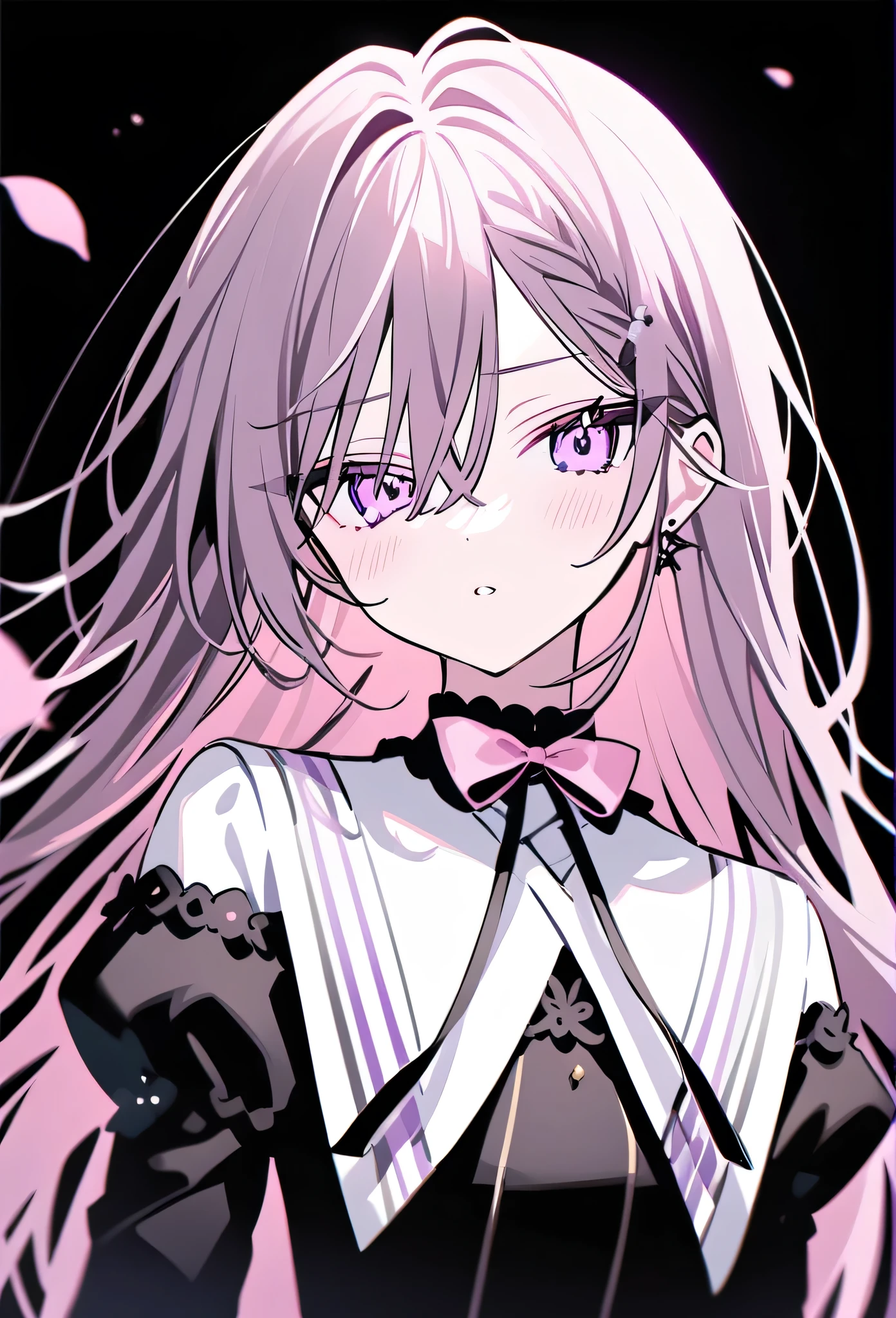 rurudo, 1girl, solo, light purple eyes, purple eyes, pink ribbon on back hair, drama club leader, dramatic face, rose petal falling with elegant