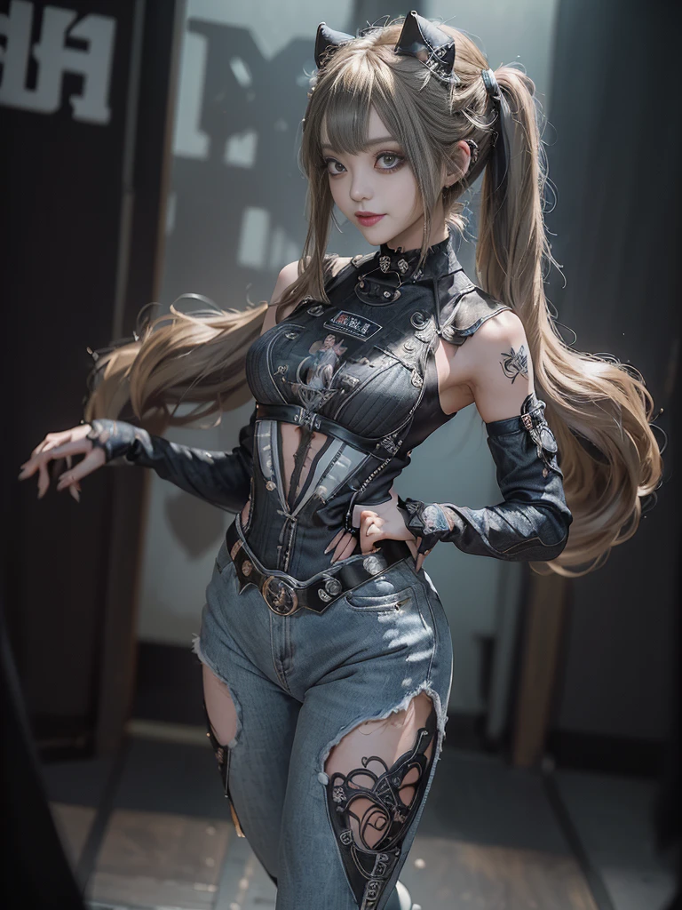(Full Body View:1.4)、(Side view:1.1)、(Smiling with teeth showing:1.3),(Shibuya Gal:1.5)、(Gothic ta style fashion:1.5)、(Punk RockVisual Kei:1.5)、(Wearing a rhythmic gymnastics bodysuit with intricate details:1.4)、(Racing suit and pants with intricate decorations in white, denim and charcoal:1.5)、(Denim and light blue and white boots:1.3)、((belt))、(Numerous delicate logo marks all over the costume:1.4)、(collar:1.3)、(Striped underwear:1.5)、20-year-old、NSFW、((Highest quality、In 8K、masterpiece:1.3))、Sharp focus:1.2、(Layered Cut、Huge boobs:1.1),Beautiful woman with perfect figure:1.4、(Dancing vigorously:1.3)、Slender Abs:1.2、Highly detailed face and skin texture、Detailed eyes、double eyelid,(Twin tails:1.3)、(Brown-golden hair:1.3)、Gravure idol、(The background is the stage of the fashion show:1.3)、(Slim body:1.3),(Make your legs thinner:1.4),（clavicle:1.1）、(Thin and slim thighs:1.3)