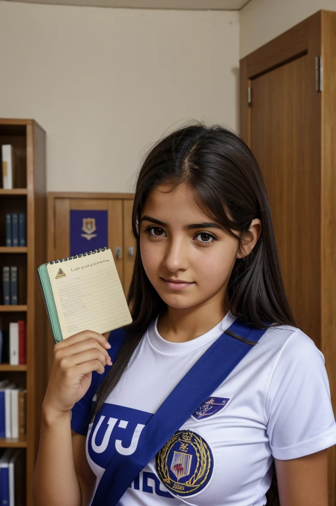 UnA chicA de 16 Años morenA con cAbello corro risAdo llevA el uniforme de lA u.A. 
Tiene en lA mAno unA libretA que le permite creAr lo que seA
EstA un poco lAstimAdA despues de su bAtAllA con un villAno