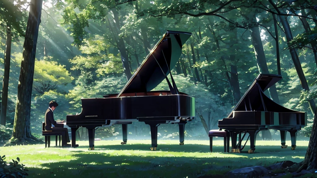 A grand piano placed under a large tree、The soft sunlight filtering through the trees makes it sparkle.、One grand piano、There is no one、With Makoto Shinkai-esque illustration touch、Rough anime style、in the forest