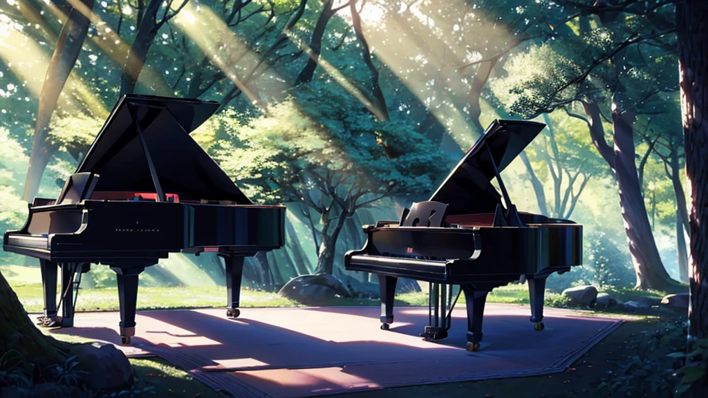 A grand piano placed under a large tree、The soft sunlight filtering through the trees makes it sparkle.、One grand piano、There is no one、With Makoto Shinkai-esque illustration touch、Rough anime style、in the forest