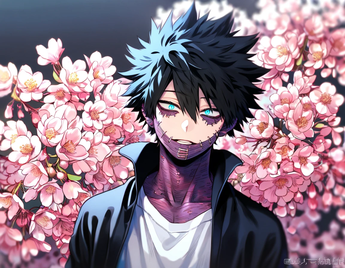 absurdres, highres, ultra detailed, HDR, master piece, best quality, delicated features, Dabi, black hair, expressive turquoise eyes, Boku No Hero Academia, solo, sexy man, handsome, black coat with high collar, whit T-shirt, blossoms, pink flowers, pink petals, fantasy, radiant