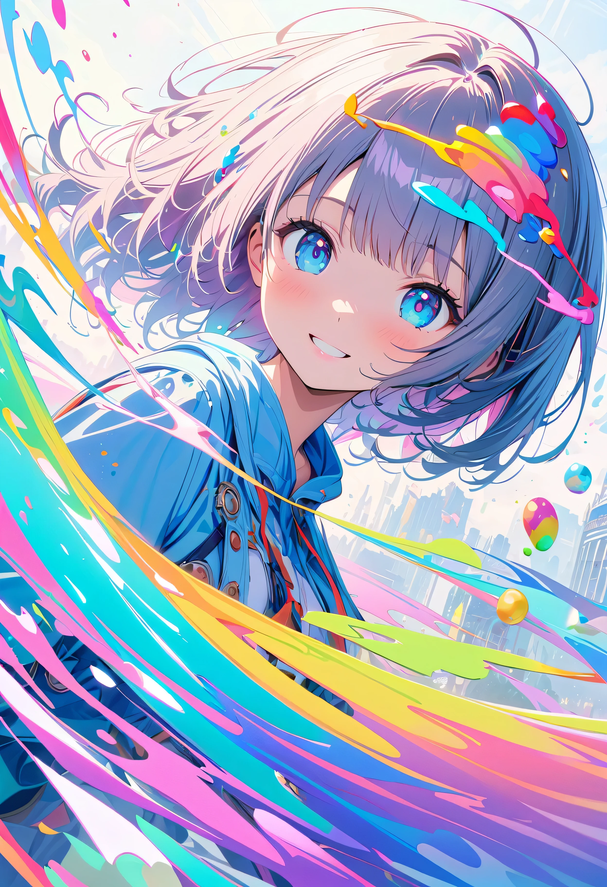 (masterpiece, Highest quality, Official Art:1.2), (colorful), Perfect Anatomy, Looking at the audience,One Girl, alone, White Background, floating colorful water, Ultra-fine illustrations, Highly Details, Dynamic Angle, Beautiful detailed, 8K, 壊す smiling amidst the colorful scenes, (High resolution), Anime Style, (Fractal Art:1.1), pastel colour