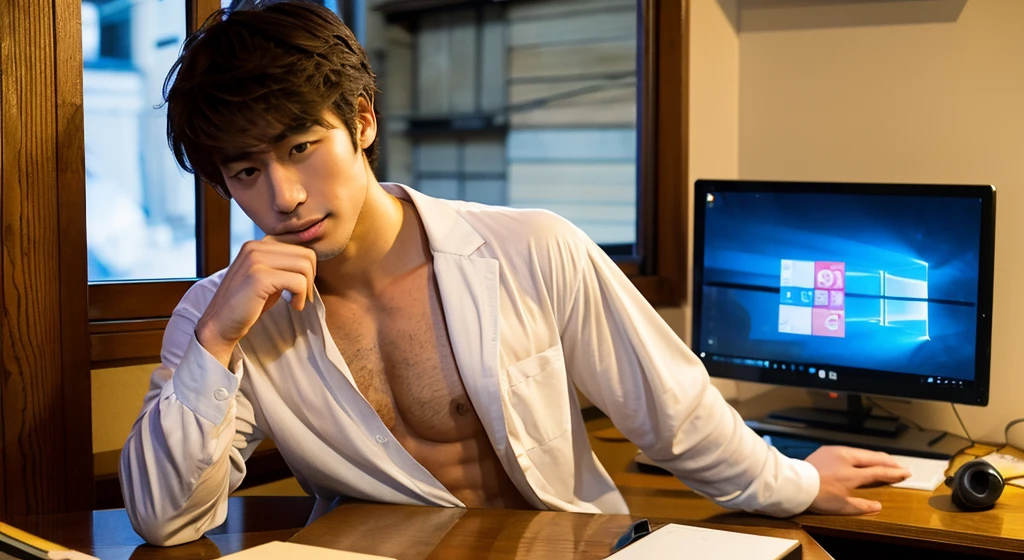 A handsome man, half Japanese and half French, 20 years old, studying at his desk on a PC in Kyoto. Morning. Outside the window is the Gion district of Kyoto. Headphones.
Brown hair, one-length, fluffy white pajamas by Gelato Pique, the second button undone, revealing cleavage, muscular