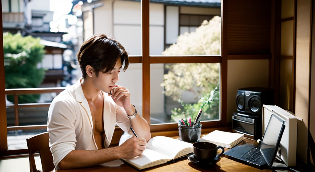 A handsome man, half Japanese and half French, 20 years old, studying at his desk on a PC in Kyoto. Morning. Outside the window is the Gion district of Kyoto. Headphones.　
Brown hair, one-length, fluffy white pajamas by Gelato Pique, the second button undone, revealing cleavage, muscular
