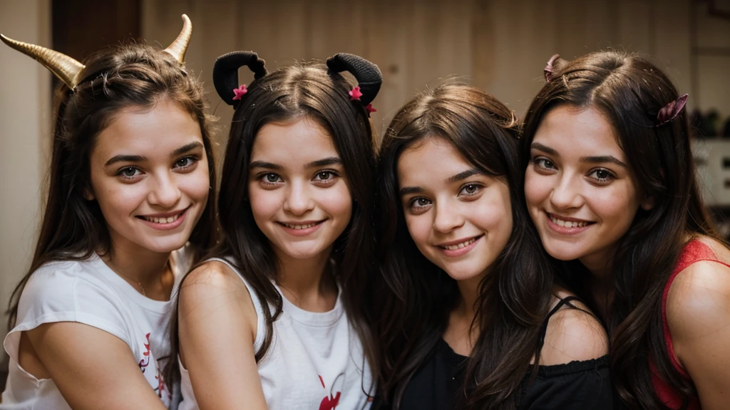 a father embracing his two daughters, the father has a smile and devil horns, his daughters have a face of happiness and innocence, it is an image of the eopca of jesus christ.