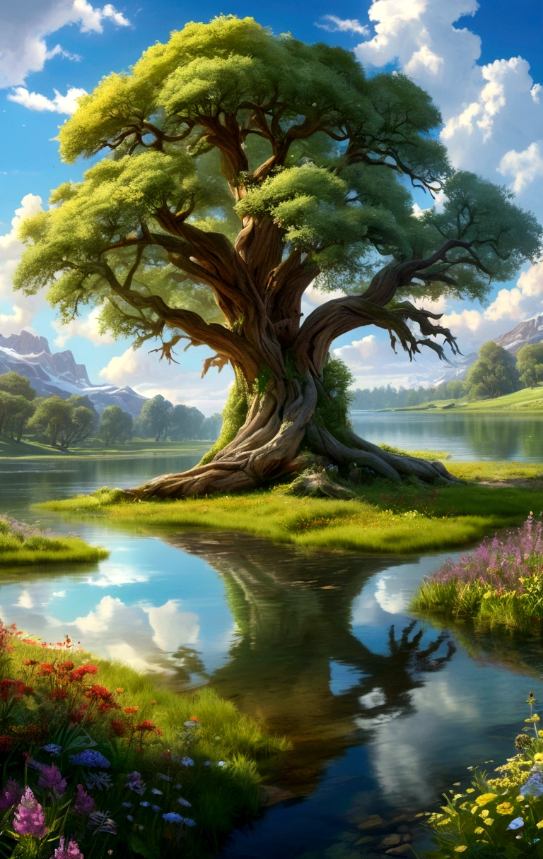 a breathtaking otherworldly landscape, lush verdant meadows, vibrant wildflowers in bloom, ancient gnarled trees, golden sunlight streaming through the canopy, serene crystal clear lake reflecting the sky, fluffy clouds drifting overhead, (best quality,4k,8k,highres,masterpiece:1.2),ultra-detailed,(realistic,photorealistic,photo-realistic:1.37),painting, cinematic lighting, vivid colors, natural beauty, tranquil atmosphere