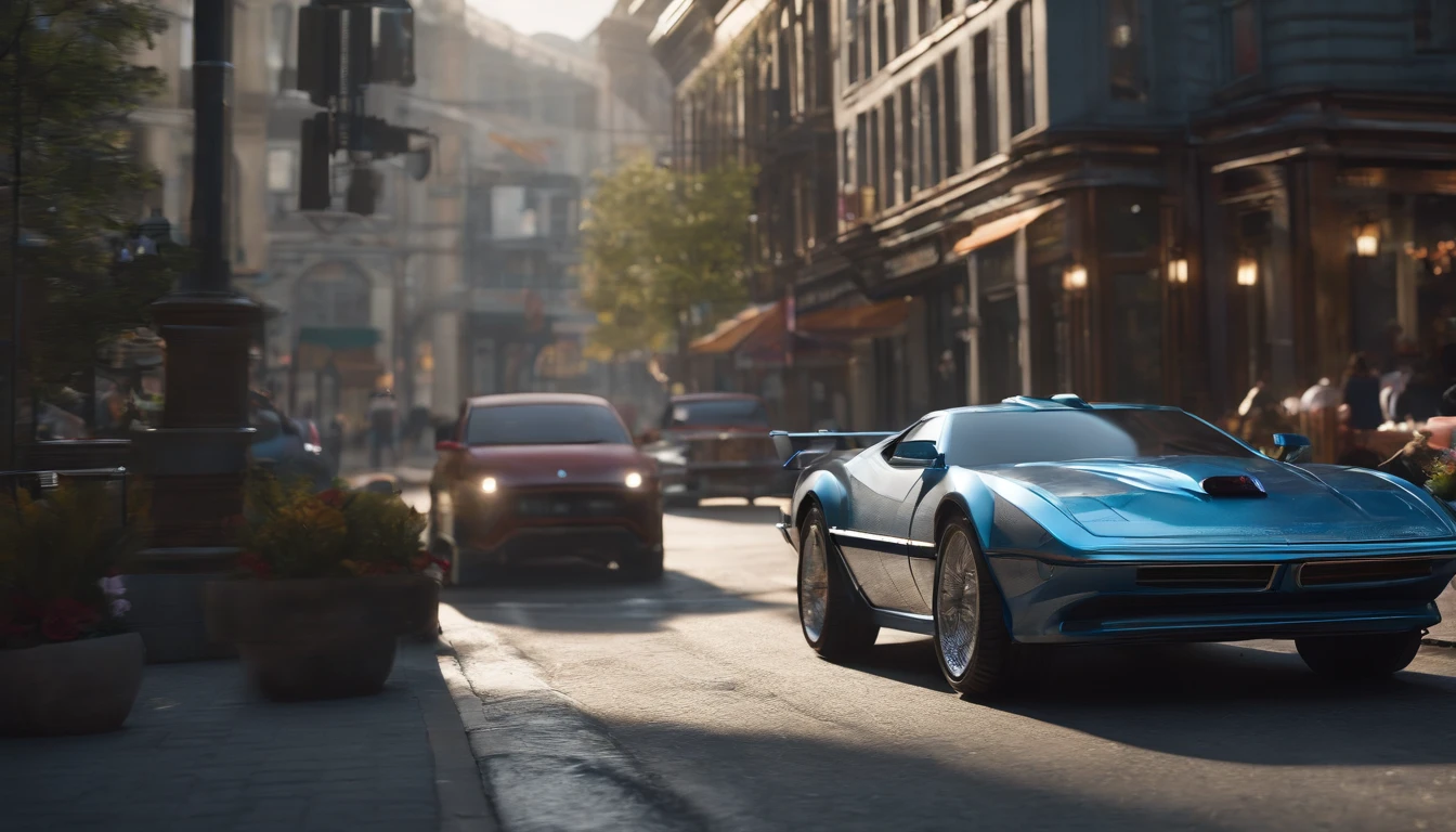 A captivating conceptual art piece featuring an extraordinary 3D render of a metallic raccoon cyberpunk sports car, designed in Michael Westmore's distinctive style. The vehicle is a seamless blend of a 1980s Trans Am and 1974 Winnebago, gliding through the quaint, Main Street of Canton, New York, at midday. The metallic silver and blue wired construction showcases intricate details, from the motherboard integrated into the car's backbone diodes, stacks and riveting ribs, of the vehicle. The design masterfully combines vibrant colors, dark fantasy, and cinematic elements, resulting in a striking portrait of a cyberpunk metallic sports car. 