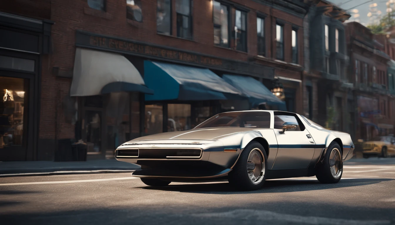 A captivating conceptual art piece featuring an extraordinary 3D render of a metallic raccoon cyberpunk sports car, designed in Michael Westmore's distinctive style. The vehicle is a seamless blend of a 1980s Trans Am and 1974 Winnebago, gliding through the quaint, Main Street of Canton, New York, at midday. The metallic silver and blue wired construction showcases intricate details, from the motherboard integrated into the car's backbone diodes, stacks and riveting ribs, of the vehicle. The design masterfully combines vibrant colors, dark fantasy, and cinematic elements, resulting in a striking portrait of a cyberpunk metallic sports car.
