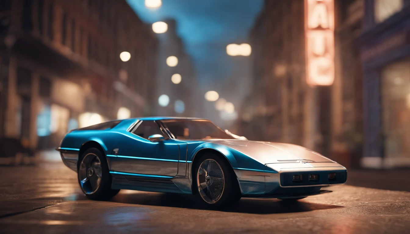 A captivating conceptual art piece featuring an extraordinary 3D render of a metallic raccoon cyberpunk sports car, designed in Michael Westmore's distinctive style. The vehicle is a seamless blend of a 1980s Trans Am and 1974 Winnebago, gliding through the quaint, Main Street of Canton, New York, at midday. The metallic silver and blue wired construction showcases intricate details, from the motherboard integrated into the car's backbone diodes, stacks and riveting ribs, of the vehicle. The design masterfully combines vibrant colors, dark fantasy, and cinematic elements, resulting in a striking portrait of a cyberpunk metallic sports car. 