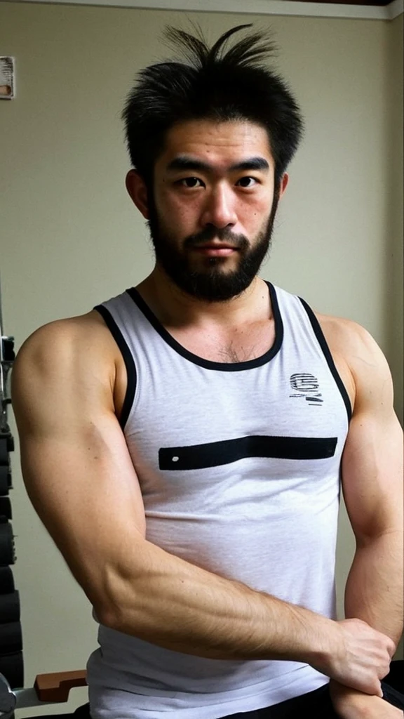 an orgasm face of 38 years old Japanese former rugby player man short beard short hair stocky chubby thick strong orgasm  pleasure