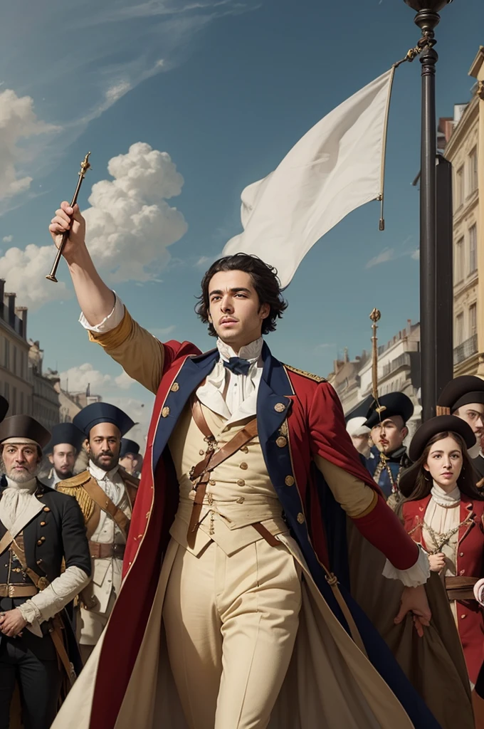 Draw, in high resolution 32k with professional lighting and rendering, the French Emperor Napoleon Bonaparte in the clothes of the time, with his right hand inside his coat, looking about 60 years old, face wrinkled according to the age requested, 
 taking a selfie with an iphone 14 pro, with your troop behind you, and the Christ the Redeemer of Rio de Janeiro, Brazil as background --auto --s2