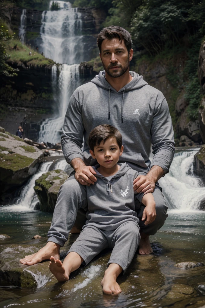 A handsome 39 year old man is sitting with a handsome 3 year old boy on the edge of a beautiful waterfall, wearing a gray hoodie, beautiful waterfall scenery background, real photo, professional photo, clear photo, clear photo full HD, 4k 