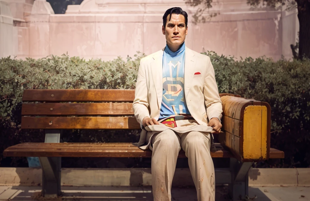 Very tired superman sitting on the bench in the dusty park, horror, thriller vibes