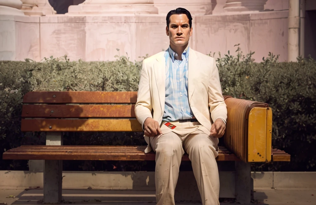 Very tired superman sitting on the bench in the dusty park, horror, thriller vibes