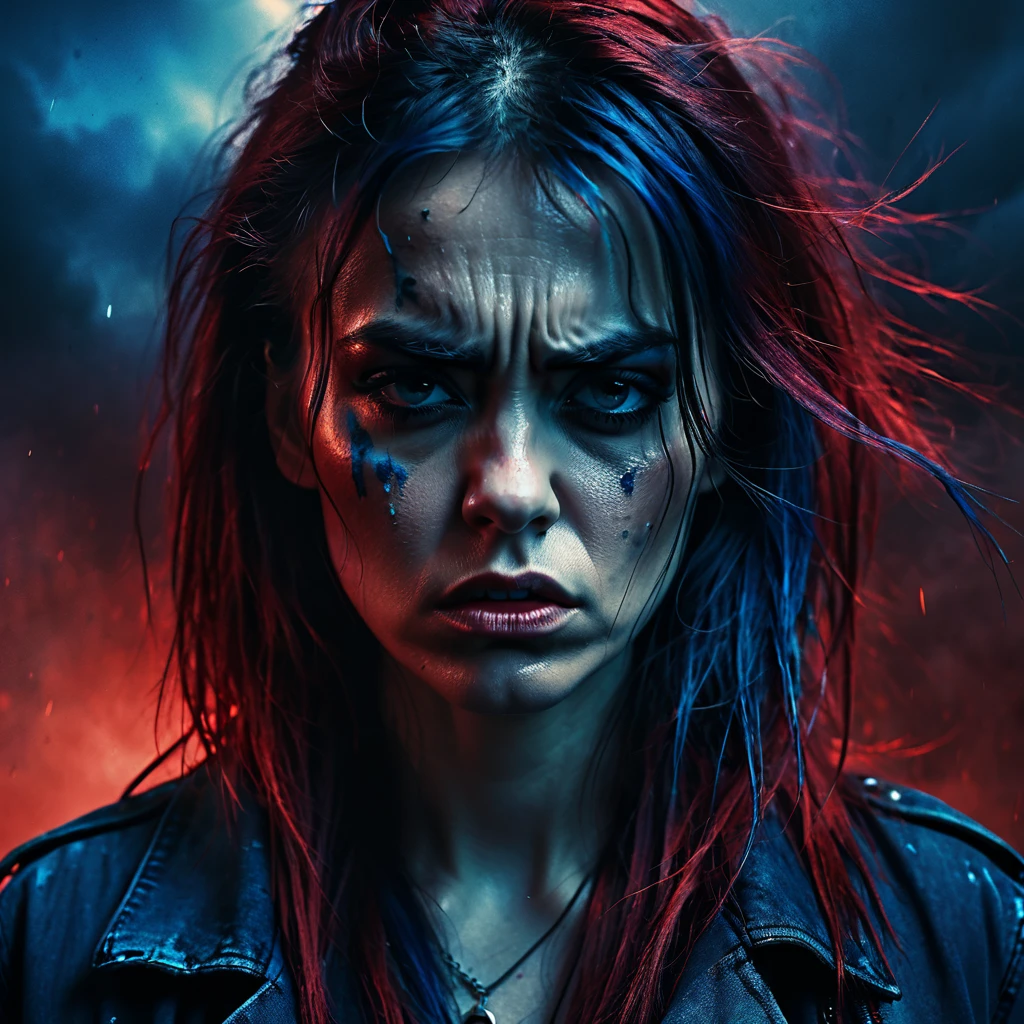 a dark and moody music album cover, a sad and angry woman with a powerful expression, detailed facial features, dramatic lighting, heavy metal, rock music, dark colors, blue and red tones, muted palette, layer of grime and texture, cinematic atmosphere, photorealistic, 8k, high quality, masterpiece