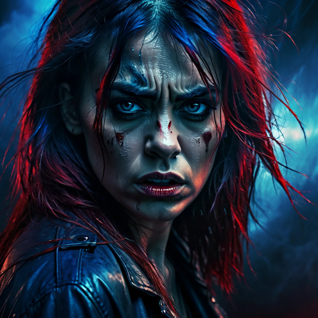 a dark and moody music album cover, a sad and angry woman with a powerful expression, detailed facial features, dramatic lighting, heavy metal, rock music, dark colors, blue and red tones, muted palette, layer of grime and texture, cinematic atmosphere, photorealistic, 8k, high quality, masterpiece