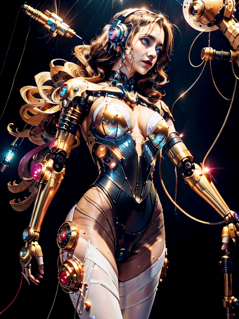 (masterpiece, Highest quality, Highest quality, Official Art, beautifully、aesthetic:1.2), (One girl), (Fractal Art:1.2),Absurd, High resolution, Super detailed, Ultra-precise depiction, Ultra-detailed depiction, alone, (Tangled:1.2), Floating Hair, (skinny, Slim body: 1.2), Sunburned skin, Shiny skin, (Abstract:1.2),cbpkv5, pantyhose,View your viewers, whole body, Cyberpunk Robot, Complex robot, Hello, From mooncryptowow