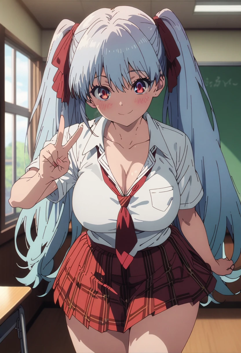 cel-shaded, (1990s_anime:1.0), detailed, high quality, masterpiece, best quality, very aesthetic, absurdres, anime screencap, miku. 1girl, solo, (red eyes:1.5), detailed eyes, light blue hair, twintails, long twintails, hair ribbons, (red miniskirt:1.5), plaid miniskirt, (white shirt:1.5), (school uniform:1.5), red tie, panties, thighs, classroom, windows, curvy body, big breasts, blush, smile, sexy, collarbone, cleavage, cowboy shot, v symbol, v, from front, (looking at viewer:1.0)
