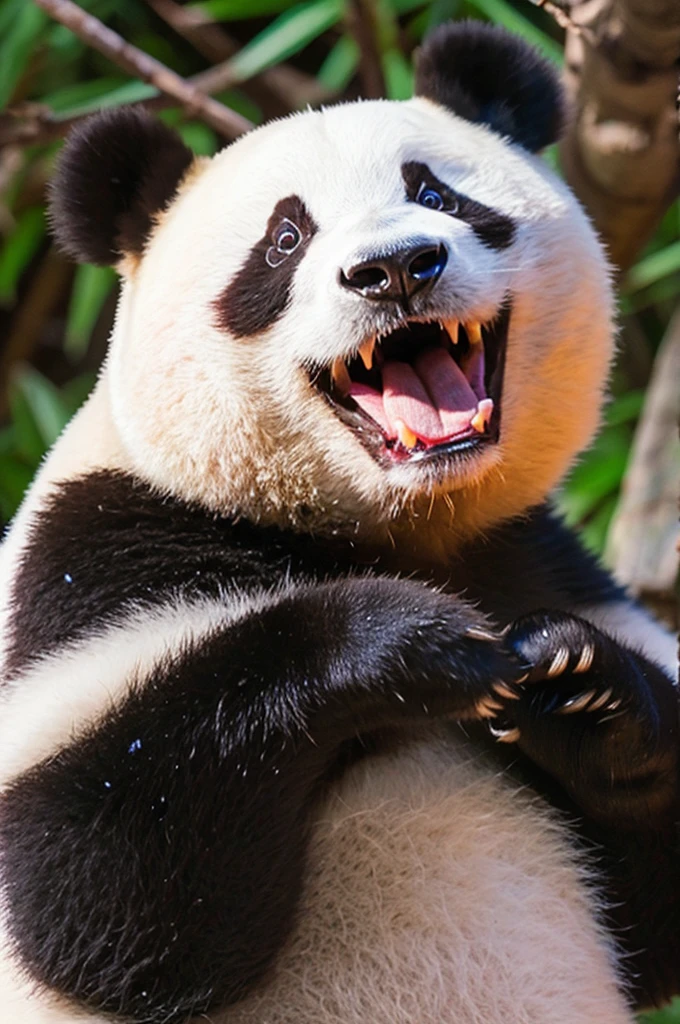 Dirty ferocious panda with open mouth
