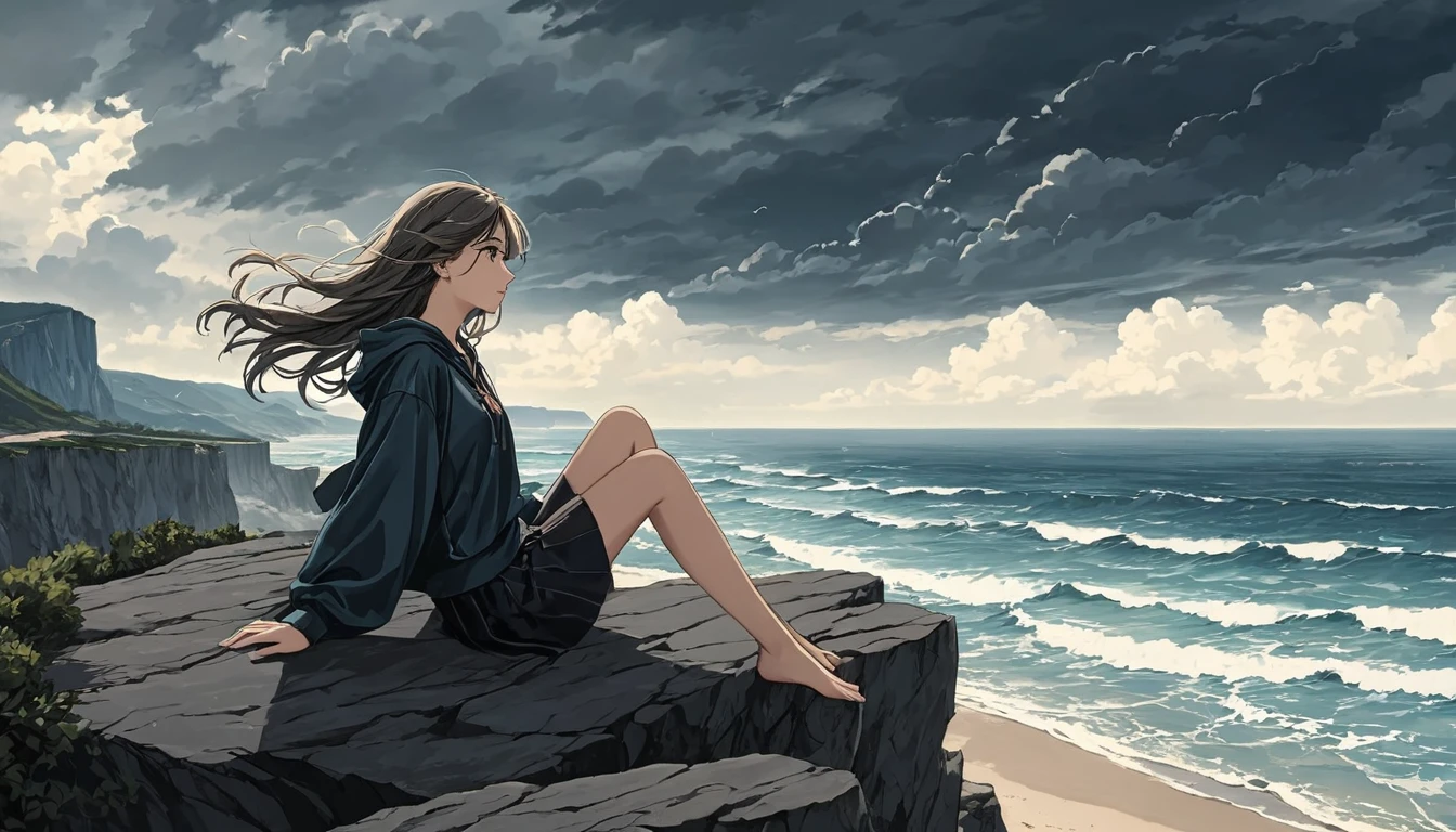 Sea with waves. A sky with dark clouds. A beautiful beach with cliffs. A -yeld gisits precariously on a high cliff with an umbrella. Her girl's hair blows in the wind. Five pretty fingers.