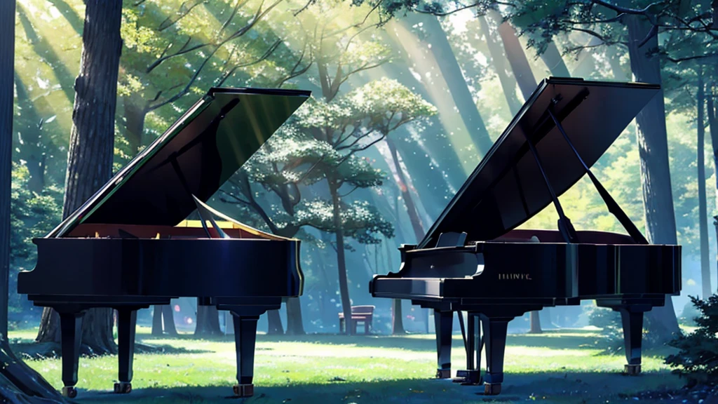 A grand piano placed under a large tree、The soft sunlight filtering through the trees makes it sparkle.、One grand piano、There is no one、With Makoto Shinkai-esque illustration touch、Rough anime style、in the forest