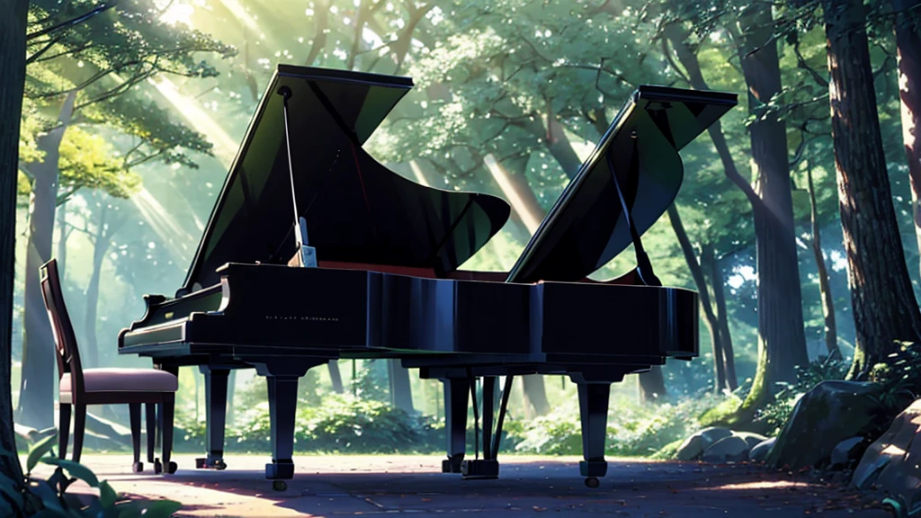 A grand piano placed under a large tree、The soft sunlight filtering through the trees makes it sparkle.、One grand piano、There is no one、With Makoto Shinkai-esque illustration touch、Rough anime style、in the forest