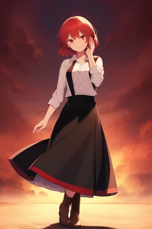 ((best quality)), ((masterpiece)), (detailed), 1girl, Touhou, Sekibanki, red hair, red eye color, full body, wide shot, black skirt, red boots, black attire, short female hair, female blouse, open front, open blouse, dark bra, smiling expression