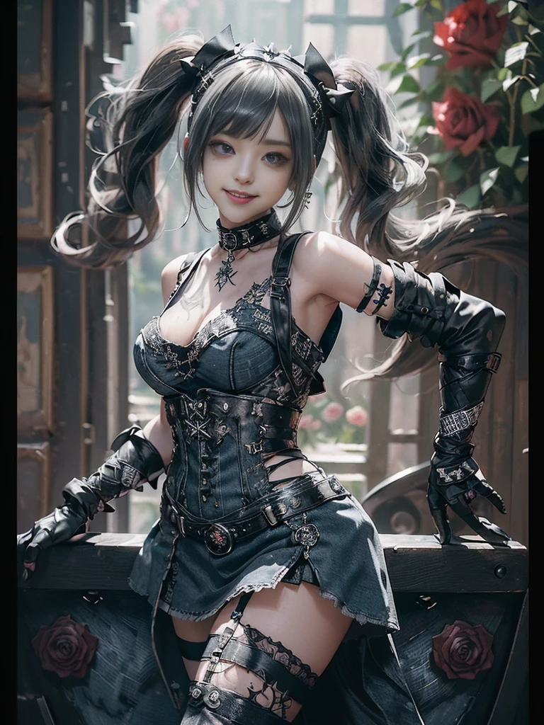 (Smiling with teeth showing:1.3),(Shibuya Gal:1.5)、(Gothic Lolita style fashion:1.5)、(Punk RockVisual Kei:1.4)、(Denim and black and white medieval noble mini skirt dress:1.5)、(Denim and white medieval gloves and bustier:1.5)、(Denim high heels:1.3)、(Wearing silver accessories:1.5)、(Denim collar:1.4)、(Black Leather Garter Belt:1.4)、(Brown Skin Belt:1.3)、(Black lace underwear:1.5)、20-year-old、NSFW、((Highest quality、In 8K、masterpiece:1.3))、Sharp focus:1.2、(Layered Cut、Huge boobs:1.1),Beautiful woman with perfect figure:1.4、(Dancing vigorously:1.3)、Slender Abs:1.2、Highly detailed face and skin texture、Detailed eyes、double eyelid,(Twin tails:1.3)、(Brown-golden hair:1.3)、Gravure idol、(The background is a VIP room of a high-class cabaret club surrounded by roses on a sunny day outdoors.:1.3)、(Slim body:1.2),(Make your legs thinner:1.4),（clavicle:1.1）