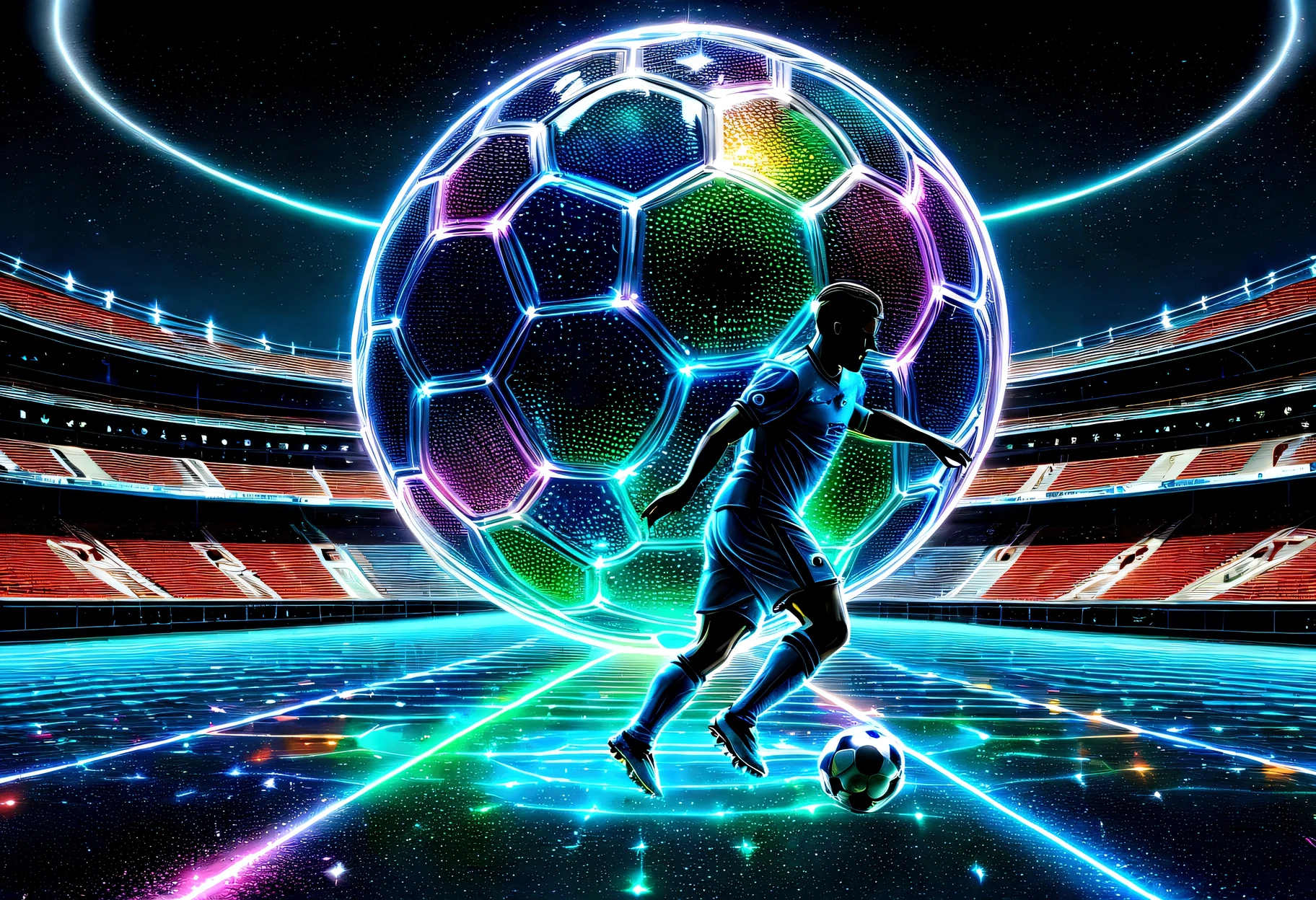 Football tournament logo, iridescent football: 1.5, lines of ball trajectory: 1.5, (hologrammed footballer: 1.5), stadium from ground viewpoint in background, intricate detailed, Masterpieces, best quality