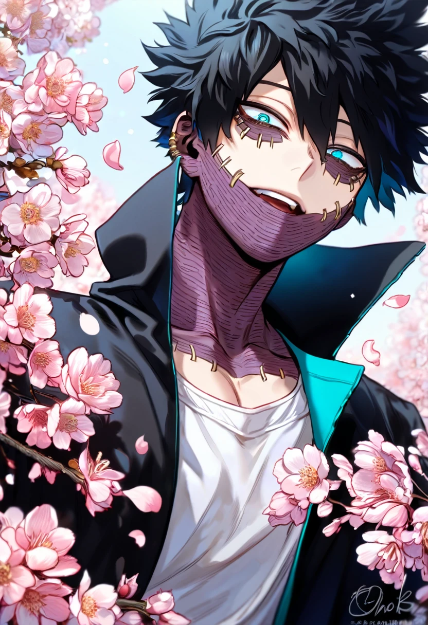 absurdres, highres, ultra detailed, HDR, master piece, best quality, delicated features, Dabi, black hair, expressive turquoise eyes, Boku No Hero Academia, solo, sexy man, handsome, black coat with high collar, whit T-shirt, blossoms, pink flowers, pink petals, fantasy, radiant