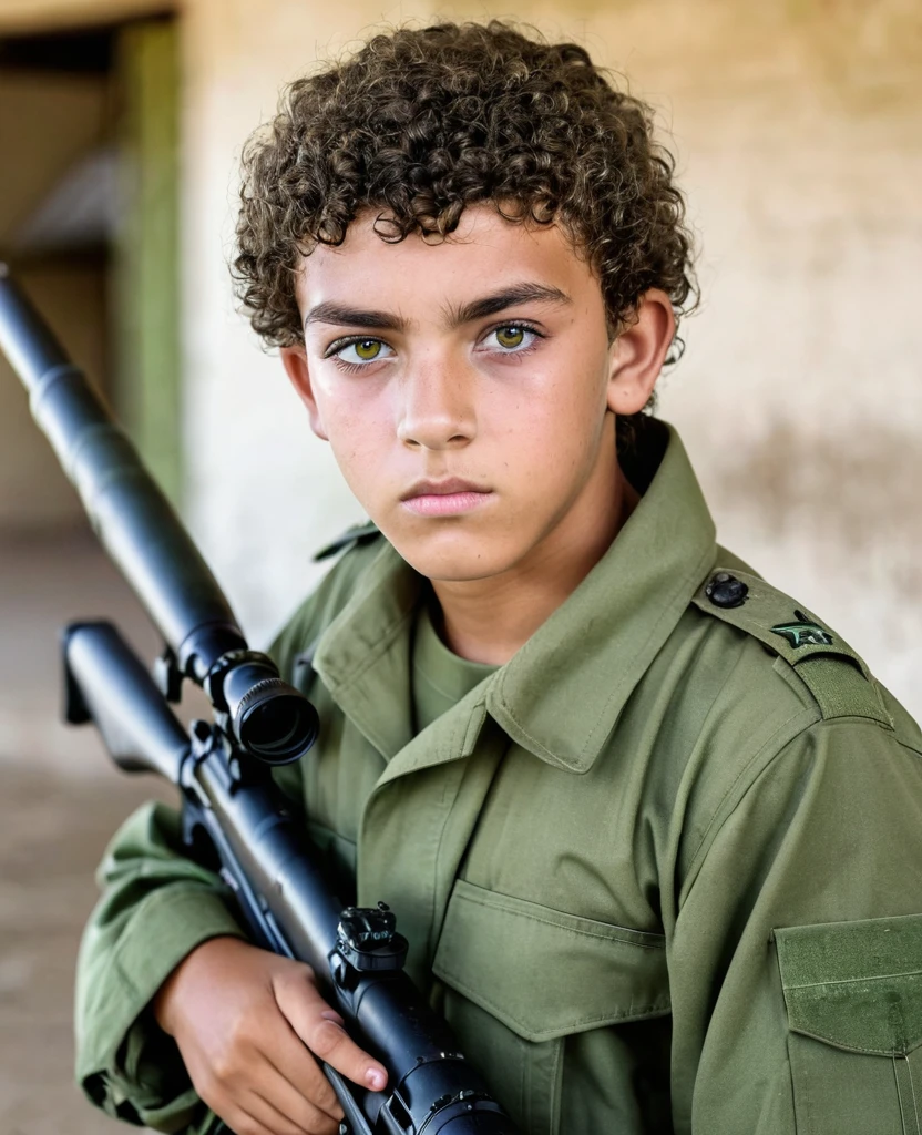 19 year old teenage boy, short curly hair, eyes with black iris and white pupil, wearing military clothes from the Brazilian army, holding a sniper rifle, with an expression of disinterest, In an army barracks.