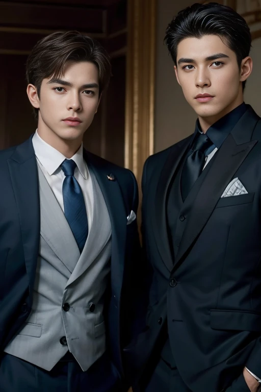 ((masterpiece)),((best quality)),8K,high detail,Very detailed, Very manly,3 men, like,fashion pose, Realistic skin texture, Light,
Royal blue style couple