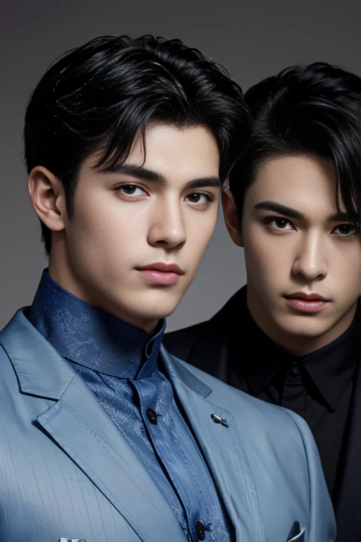 ((masterpiece)),((best quality)),8K,high detail,Very detailed, Very manly，3 men, like，fashion pose, Realistic skin texture, Light,
Royal blue style couple