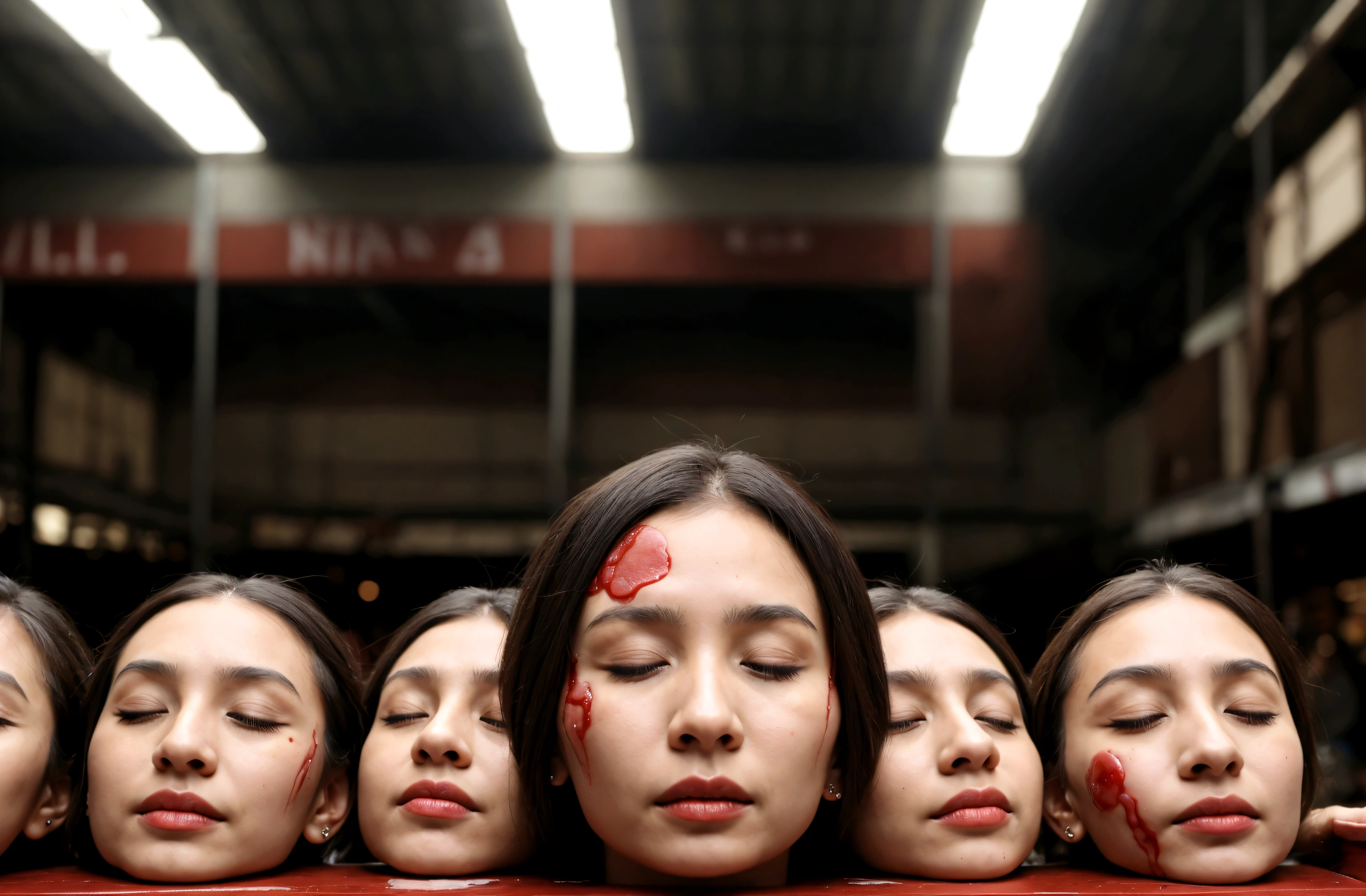 Several decapitated heads of beautiful women, on a table, in a public market, full of blood, blood flowing, ((eyes closed)), bleeding, photorealistic, horror, high definition, masterpiece, award-winning, High-Angle Shot: Nikon D850 camera with a Nikkor 24-70mm f/2.8E ED VR lens