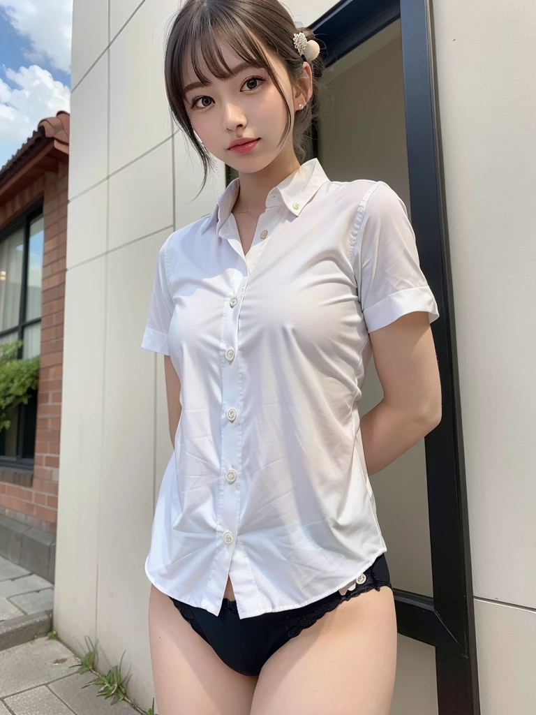 ((Best of the highest quality, 8k, Masterpiece, raw photo: 1.2)), (Sharp focus: 1.2), (1 AESPA, slim body type female, 21 y/o: 1.1), (Solo: 1.28), (realistic, photo-realistic:1.37), face focus, cute face, finely eyes, (droopy eyes: 1.32), (Emphasize prominent aegyo-sal with bright: 1.2), shimmering eyeshadow applied under the lower lash line, paired with thick, (small breasts, flat chest, Thigh: 1.3), (short messy hair, bangs, updo: 1.28), (wearing button down business shirt, panties: 1.32), walking terrace dining, flower, (from below: 1.12)