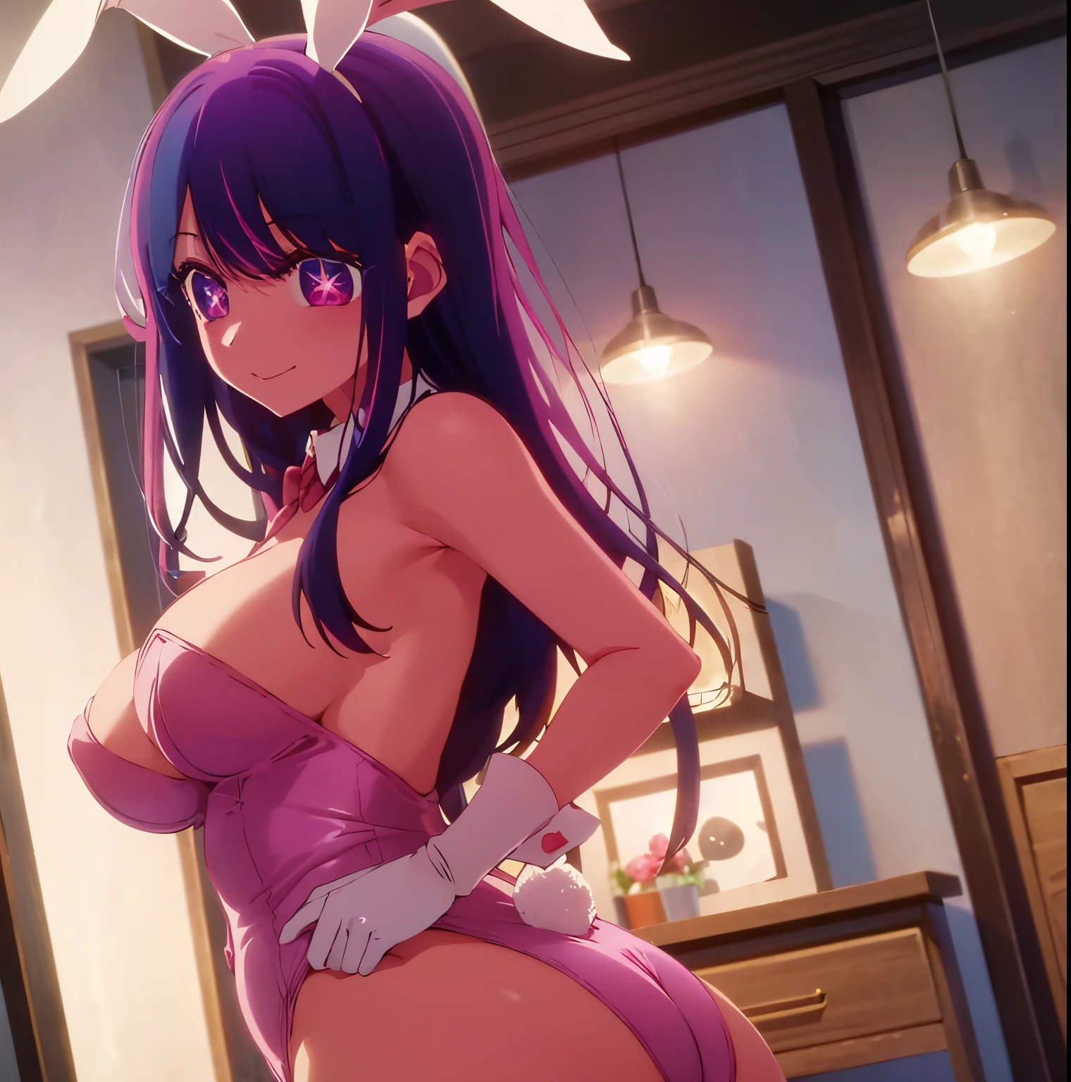 1 girl, alone, Ai Hoshino, Masterpiece, highly detailed, (1 girl in: 1.2), ultra detailed, sharp focus, detailed eyes, curvy body, cowboy shot, dynamic posture, looking at viewer, purple hair, long hair , Ai Hoshino, hair between the eyes, hair ornament, rabbit ornament, pink hair band, long hair, (purple irises: 1.1), purple hair, (star-shaped pupils: 1.5), shaped pupils symbol, ((Playboy bunny outfit fiusha:1.3)), ((pink gloves fiusha:1.2)), ((neckline)), jewelry, ((red ribbon)), hands on waist, big eye, hair between the eyes, smile, 8k, Ai hoshino, big breasts, medium waist, wide hips, wide thighs, round and thick butt, interior, hotel room, bedroom, night, bedroom lighting, window, room lights city, metropolis of Japan, looking back, from behind, ((focus on ass)), pov (from below), perfect anatomy, perfect hands